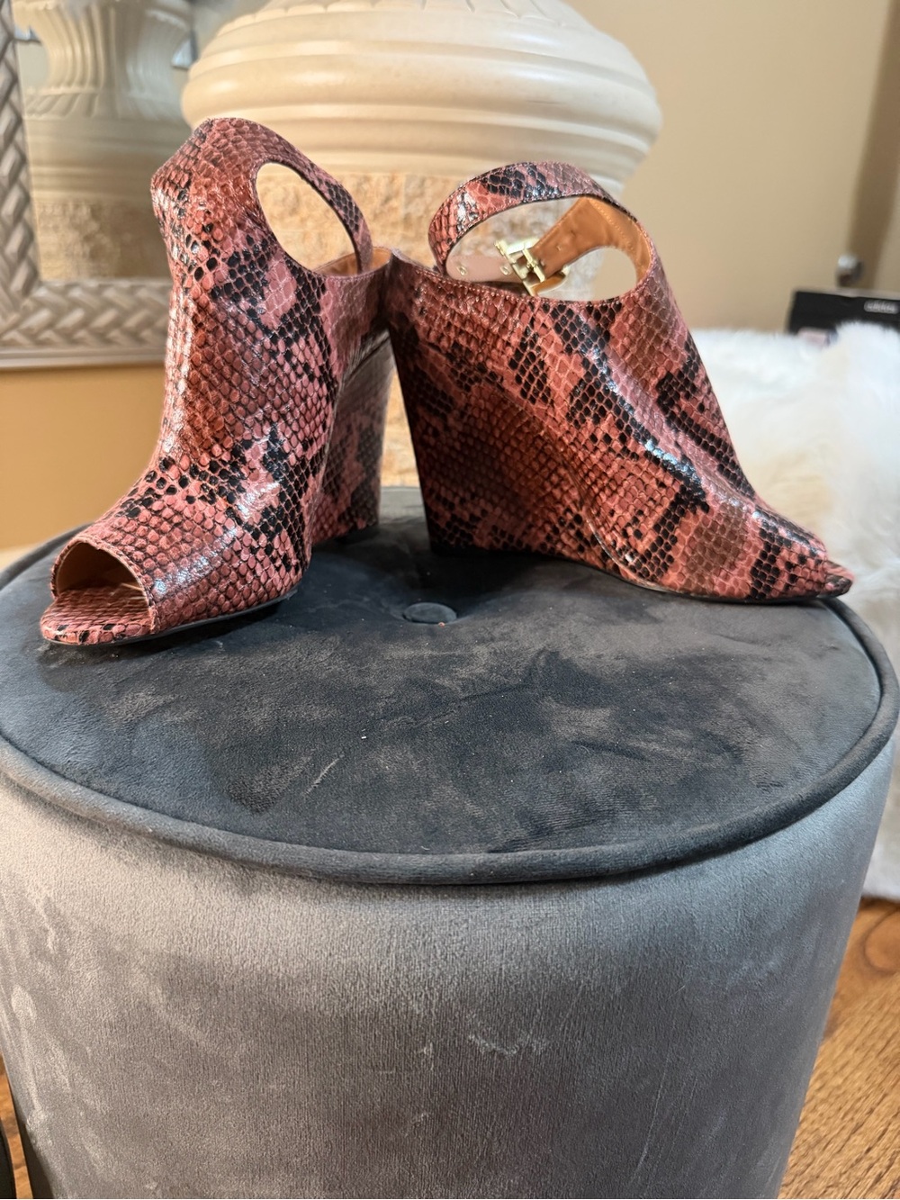 Christian Siriano Pink Snake-Print Peep-Toe Wedge Mules